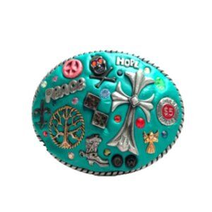 Handcrafted Artisan Clay Belt Buckle Western Cross Peace Skull Tree of Life OOAK